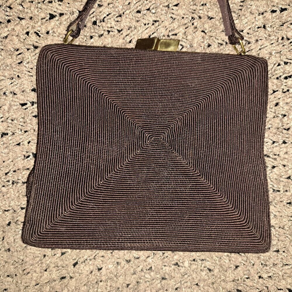 GOLD SEAL-Vintage 50s Corded Chocolate Brown Bag-Attached Coin Purse-Near Mint - Picture 10 of 11